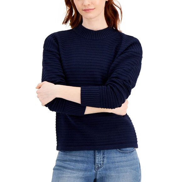 Style & Co Cotton Dolman Pullover  Cotton Mock Neck Sweater Blue Large  Sku 2039 - Picture 1 of 4